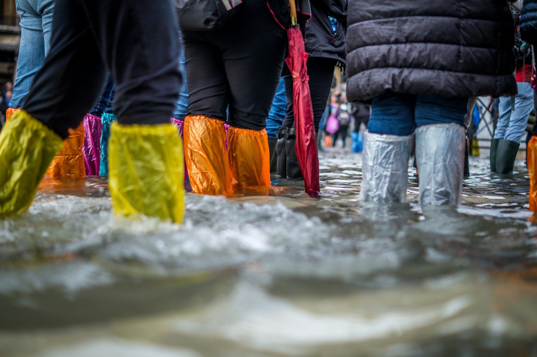 People in rain boots wading through floodwater
